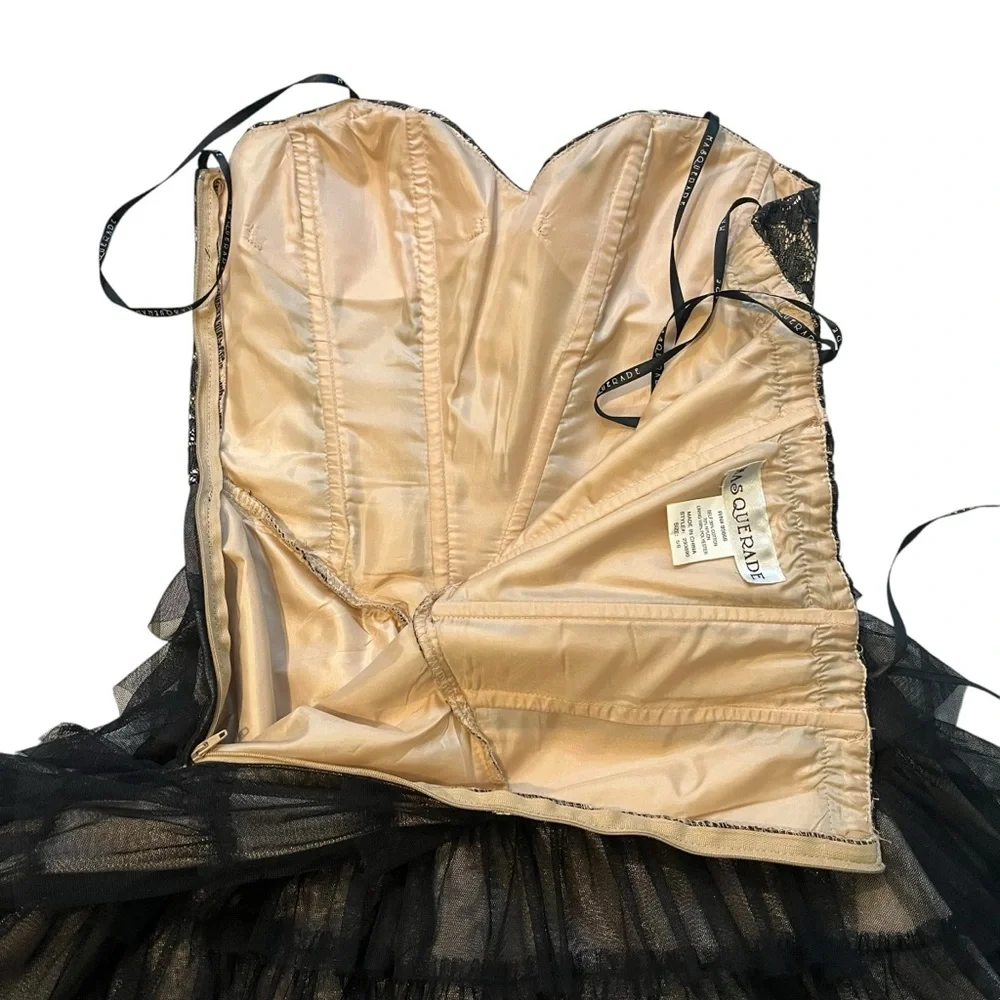 Vintage 90s Masquerade Strapless Black Gold Tiered Tulle Tutu Skirt Dress,Sz 5/6 - Picture 11 of 15